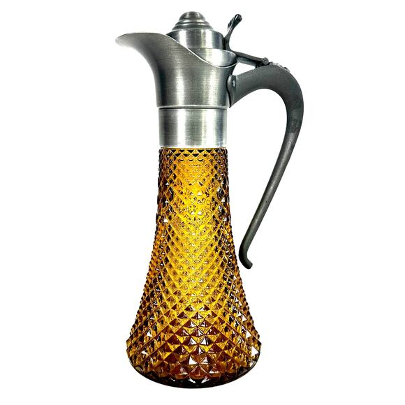 Antique Diamond Point Amber Glass Ewer Style Pitcher Pewter Lid & Handle-Rare! - Picture 1 of 8
